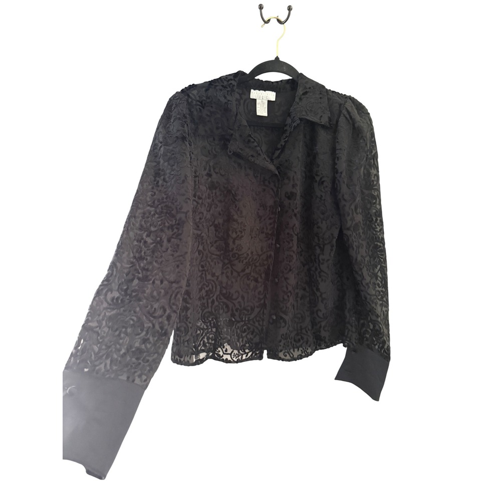 August Silk Logic Black Burnout Velvet Damask Blouse Sheer Button Up Top Sz 10
